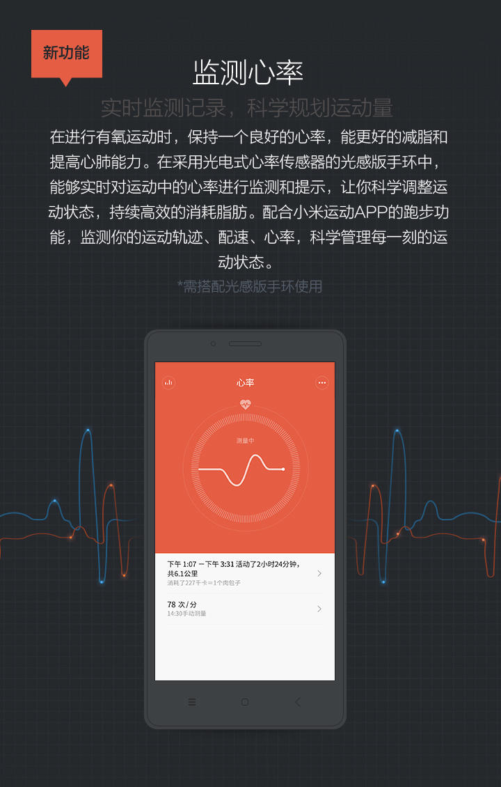 MI小米 小米智能手环 光感版 心率手环 小米新款手环 黑