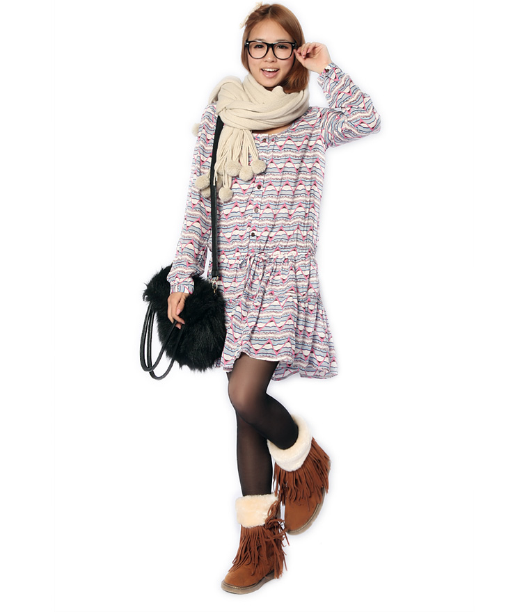 罗卡斯 2013春装新款女士韩版圆领千格鸟长袖连衣裙系带裙子 N12-007