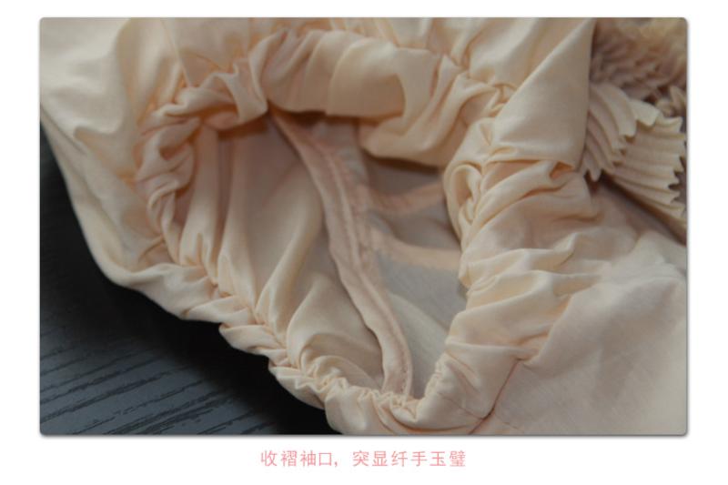 罗卡斯 泡泡袖女装 雪纺唯美花朵领边韩版短袖修身衬衫 12044