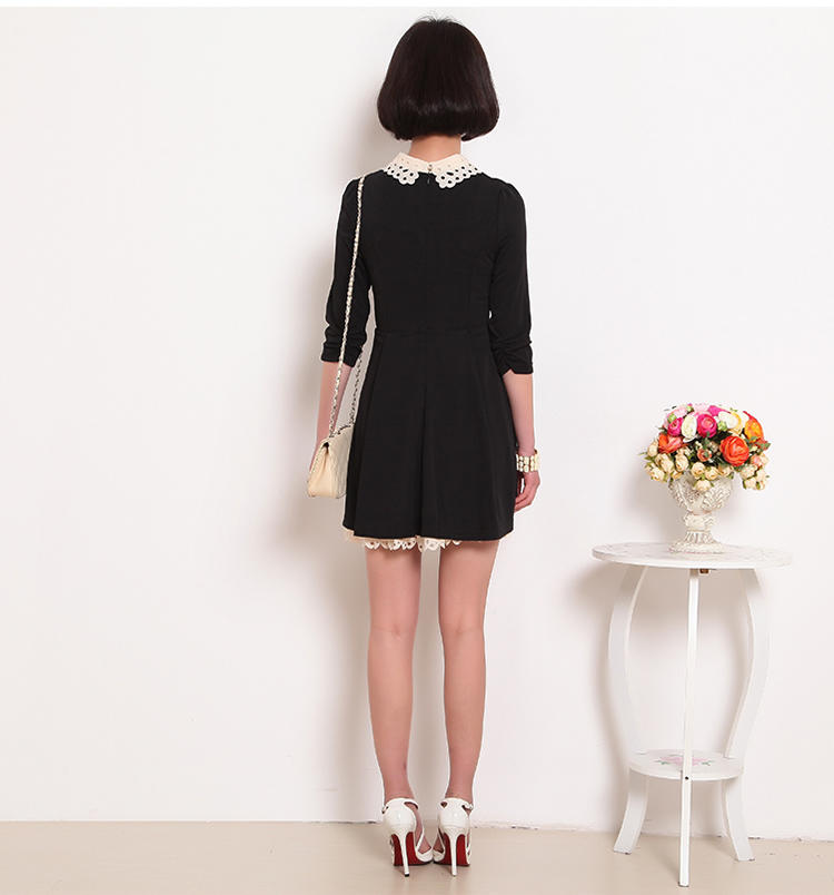 罗卡斯 2013秋装新款女装韩版修身娃娃领显瘦蕾丝拼接七分袖连衣裙326009