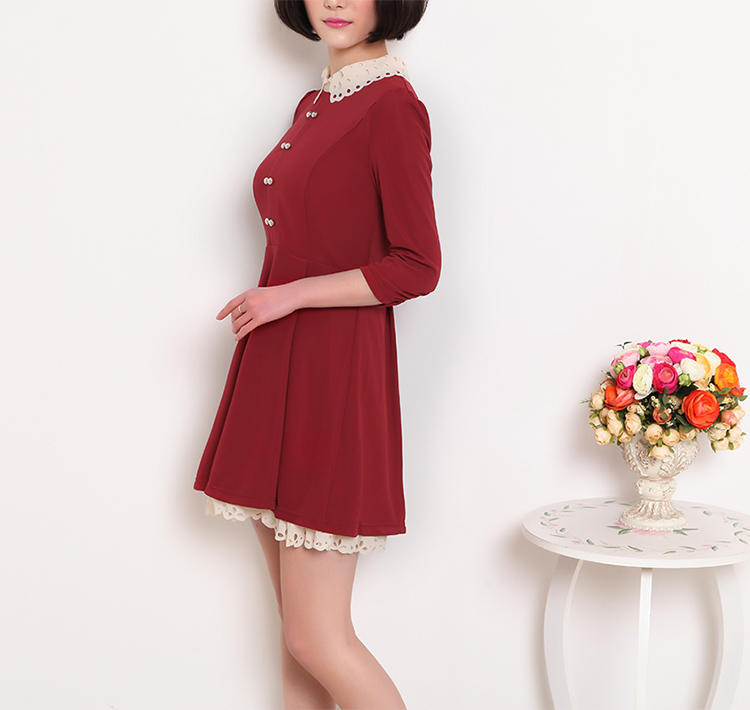 罗卡斯 2013秋装新款女装韩版修身娃娃领显瘦蕾丝拼接七分袖连衣裙326009
