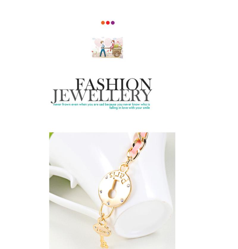 PIN·S/品尚 韩版时尚饰品 女生手链心锁钥匙造型粉色编织皮绳-锁住幸福