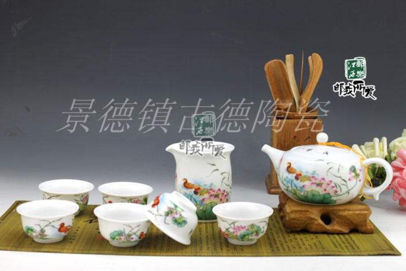 【景邮陶瓷】景德镇精品高白8头粉彩功夫茶具 茶具套装 礼品精装 鸳鸯戏水