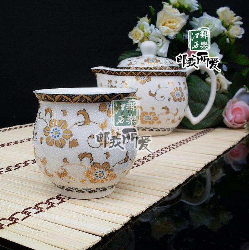 【景邮陶瓷】景德镇 陶瓷茶具套装 大茶盘茶具 双层杯防烫设计 带茶海 白金盏