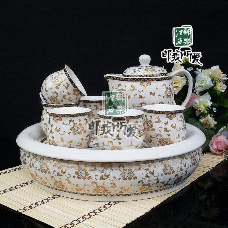 【景邮陶瓷】景德镇 陶瓷茶具套装 大茶盘茶具 双层杯防烫设计 带茶海 白金盏