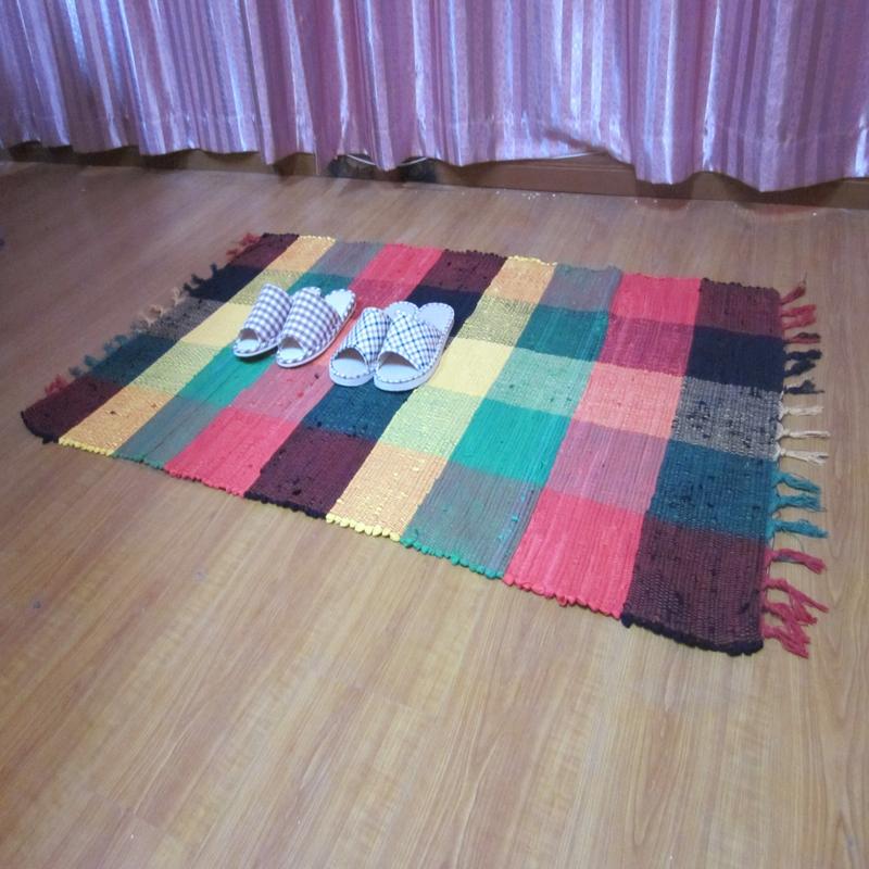 URAN 优然之家 时尚多彩复古布条地毯 90*150cm（七彩格子）