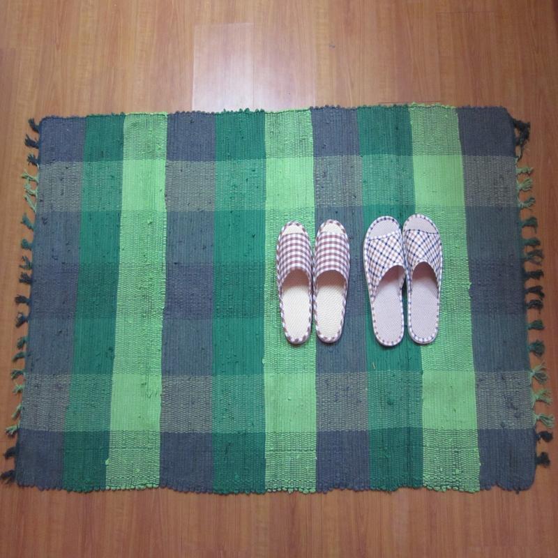 URAN 优然之家 时尚多彩复古布条地毯 90*150cm（绿色格子）