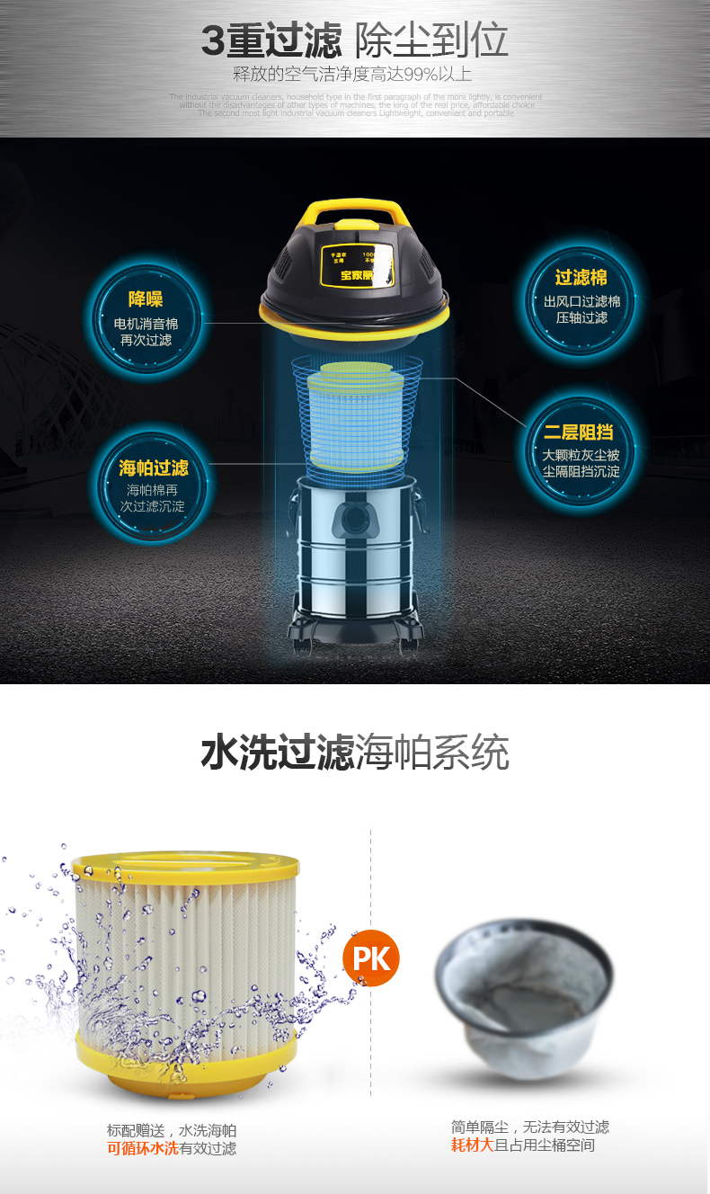 宝家丽 工业吸尘器 GY-308 15升 吸尘器商用家用大功率 干湿吹三用桶式 强吸力【至尊版】