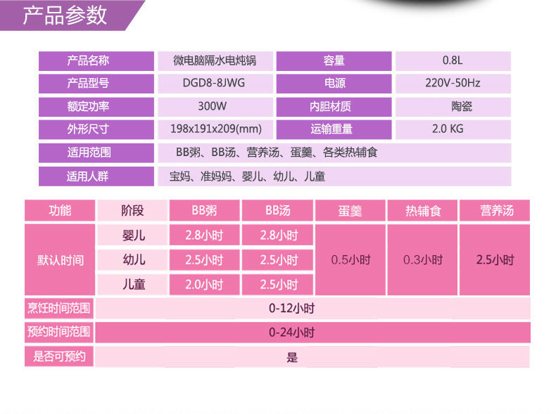 TONZE/天际 电炖锅 DGD8-8JWG 隔水电炖盅 0.8L陶瓷 婴儿BB煲 慢炖锅 煮粥锅