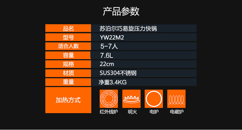 SUPOR/苏泊尔 压力锅 YW22M2 巧易旋压力快锅 家用高压锅7.6L 100kPa加压