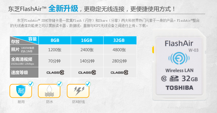 东芝/TOSHIBA 8G FlashAir 第三代无线局域网嵌入式SDHC存储卡 Class10