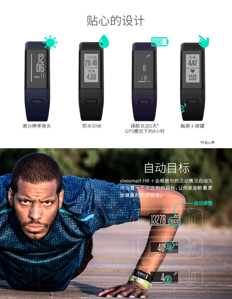 佳明/Garmin vivosmart HR+ 蓝色GPS智能手环