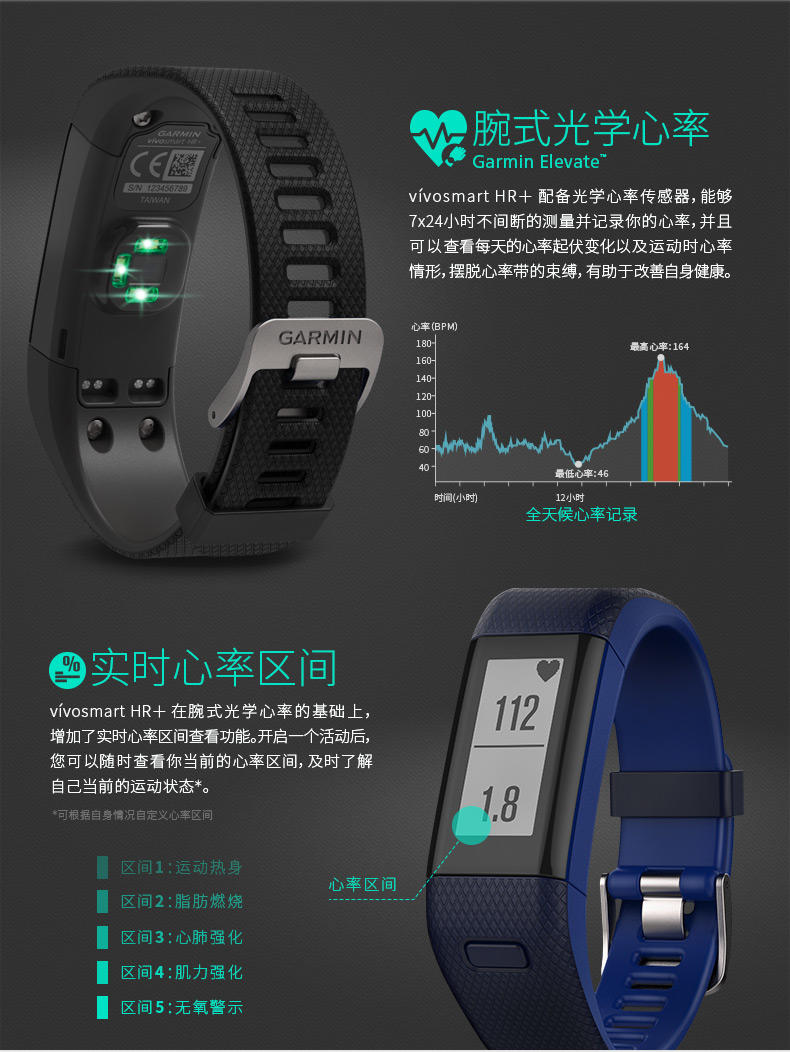 佳明/Garmin vívoactive HR 黑色智能心率手环智能手表蓝牙来电提醒运动监测睡眠监测