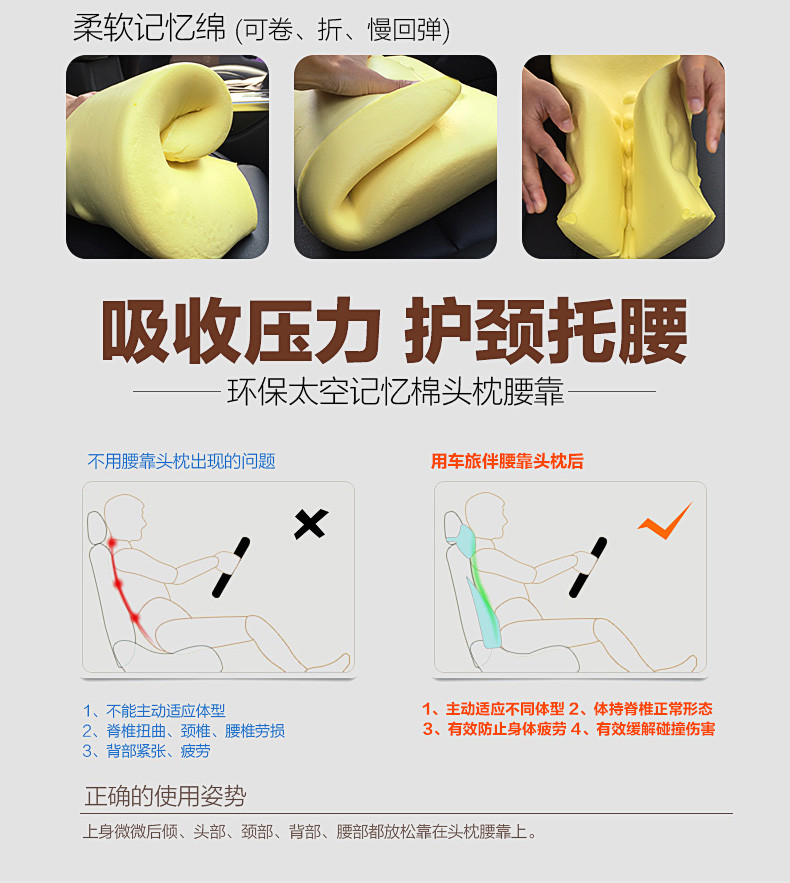 车旅伴 汽车用腰靠 太空记忆棉靠枕 背靠垫 车用办公用贴身护脊腰枕大腰靠