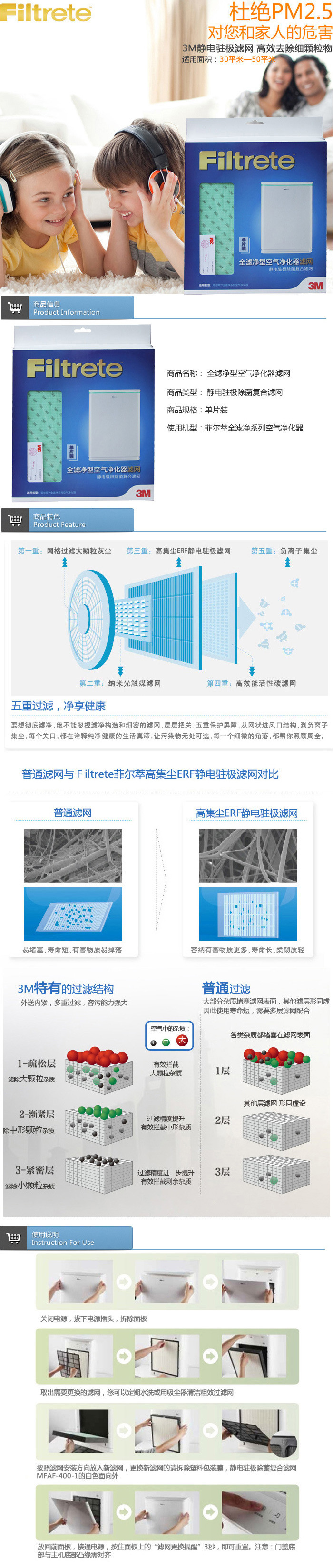 3M 全滤净型空气净化器静电驻极除菌复合滤网 MFAF400-1