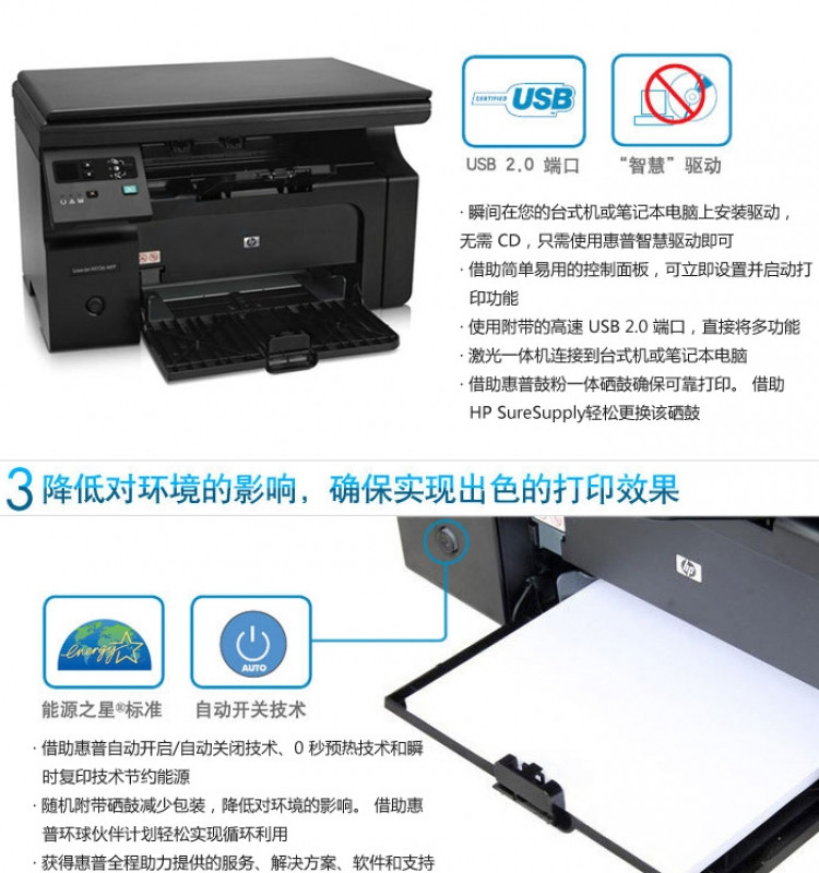 惠普（HP） LaserJet Pro M1136 黑白多功能激光一体机 （打印 复印 扫描）