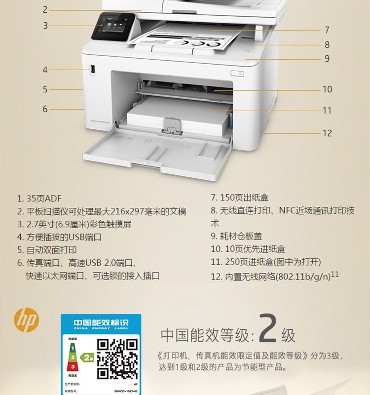 惠普（HP）M227fdw四合一无线黑白激光一体机（打印、复印、扫描、传真、自动双面打印）