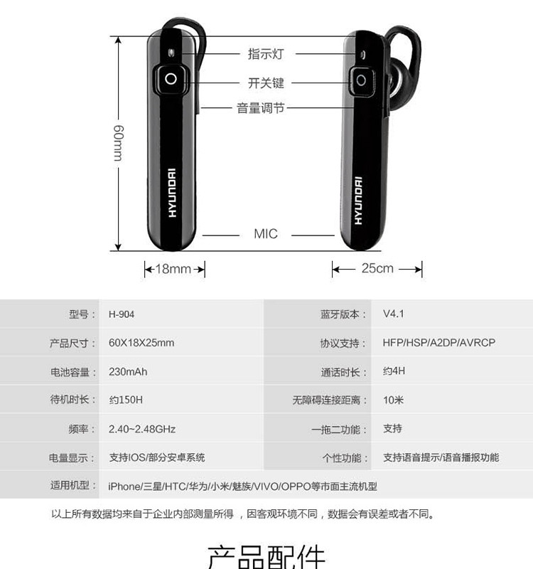 现代（HYUNDAI）无线蓝牙商务单耳耳机 H904