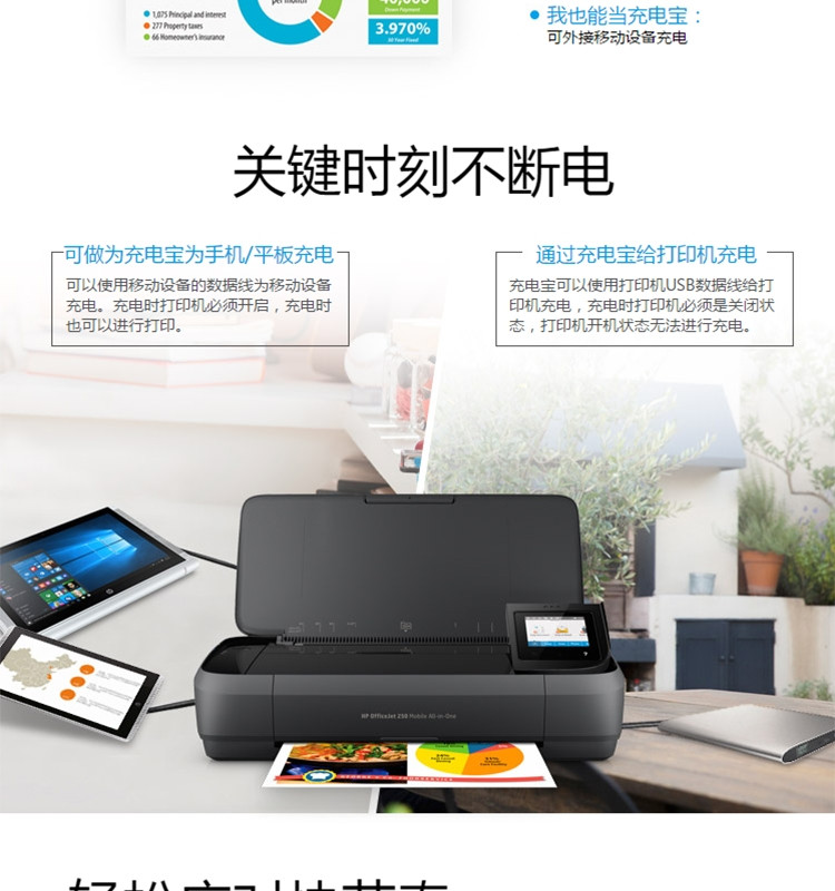 惠普（HP） OfficeJet 258惠商系列移动办公一体机（打印、复印、扫描）