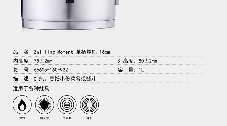 双立人Zwilling Moment 16cm单柄带盖炖锅ZW-C125 66605-160-922