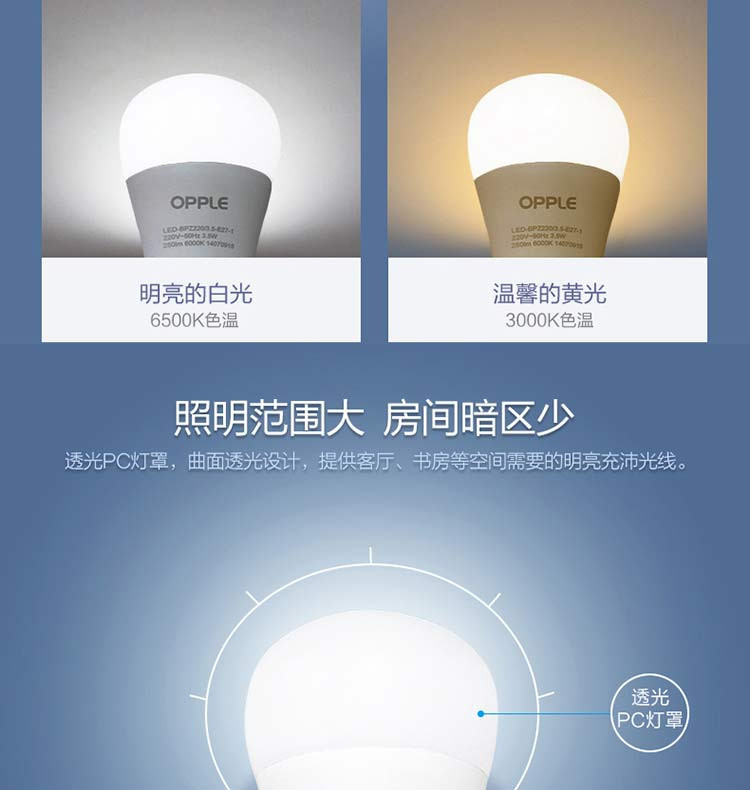 欧普照明（OPPLE）LED灯泡节能球泡 5W E27大螺口6500K白光/3000K黄光LED球泡