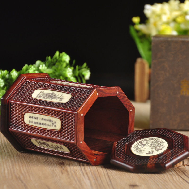 工艺红木红酸枝嵌牛骨茶叶盒红木复古精雕茶叶罐红木茶叶筒