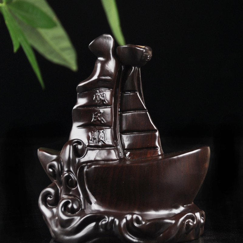 黑檀木雕一帆风顺倒流香炉红木檀， 香炉熏香薰炉创意烟倒流茶道摆件