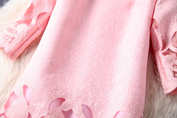 春季女装新款圆领重工刺绣网纱拼接气质纯色提花连衣裙