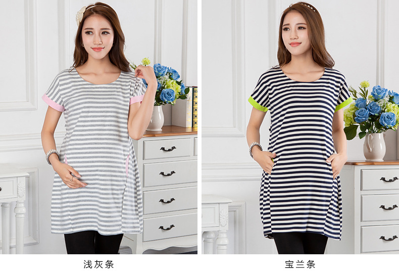韩版新款孕妇装 时尚T恤夏季条纹针织纯棉孕妇上衣短袖中长款