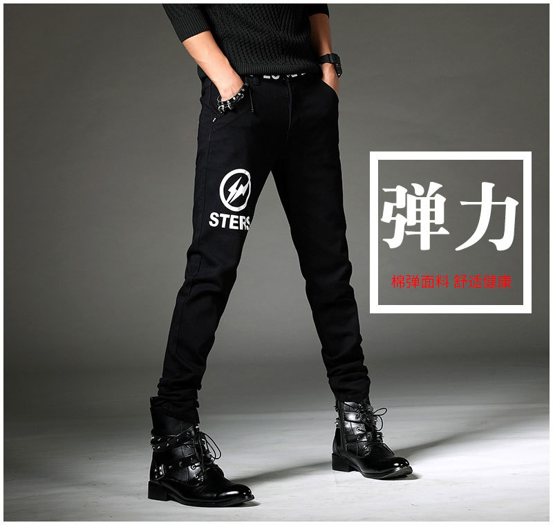 春季新款牛仔裤男青年韩版修身小脚黑色印花弹力牛仔裤男长裤