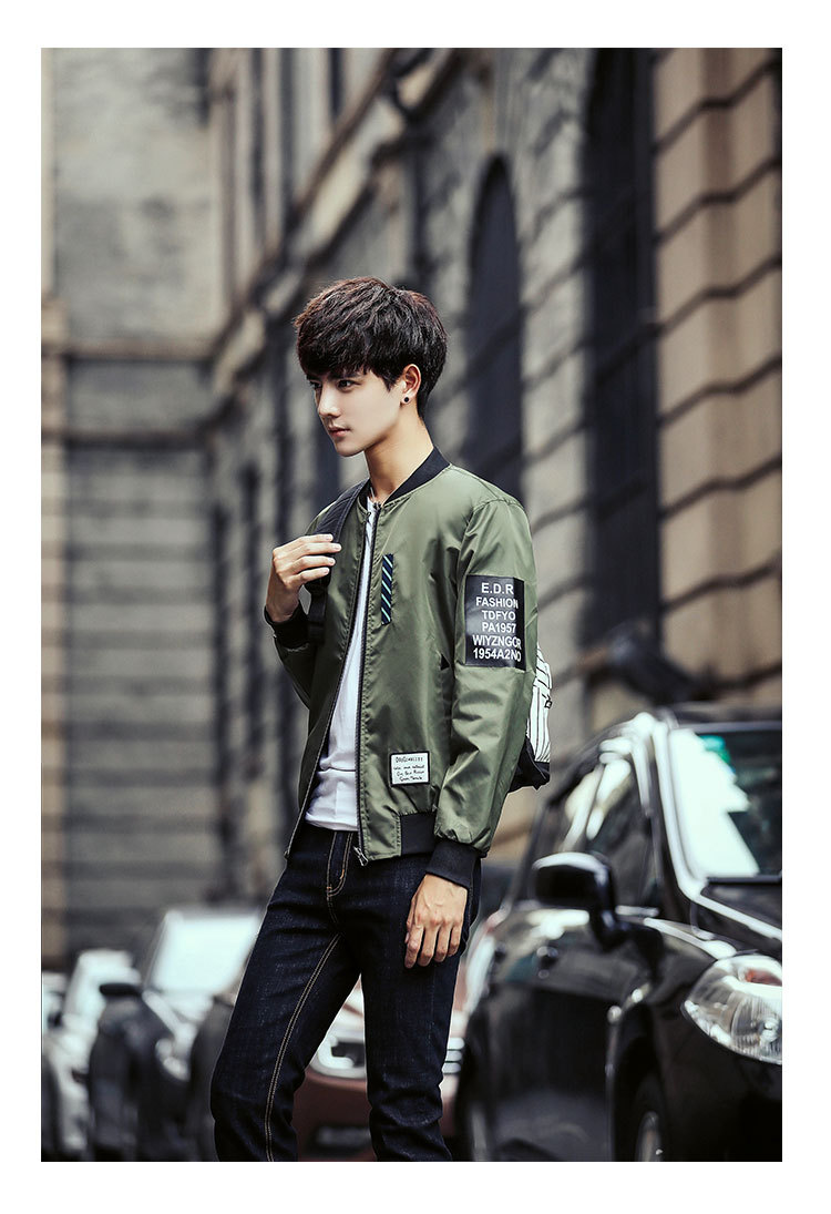 男式新款立领贴布休闲外套 时尚青年韩版修身潮流夹克