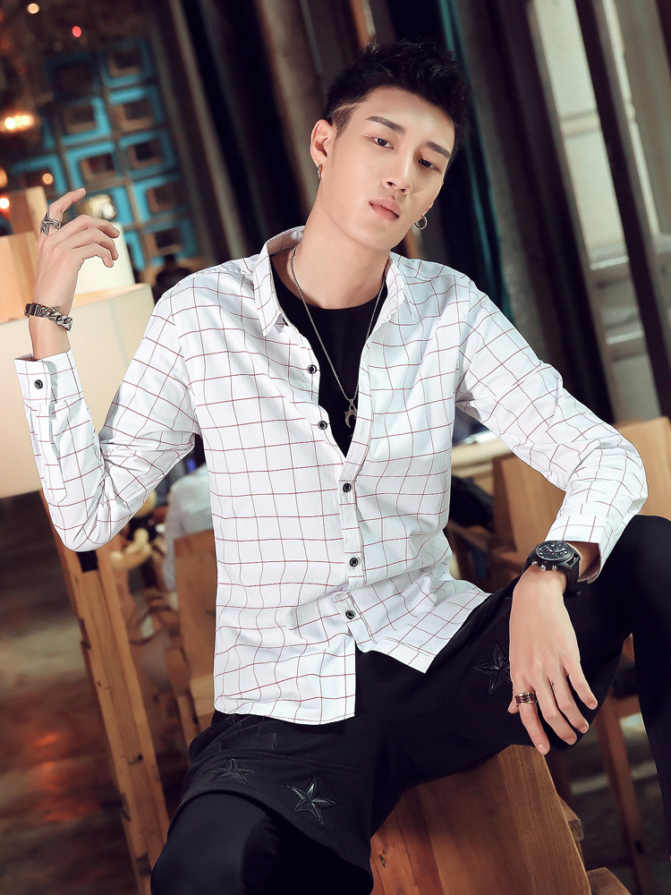 新款男装春秋季休闲格子衬衣 男式韩版修身时尚长袖格子衬衫