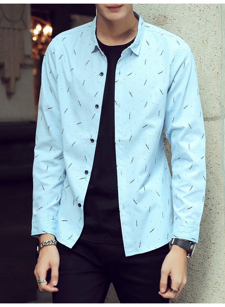 男装印花长袖衬衫 男式韩版修身羽毛印花时尚休闲长袖衬衫