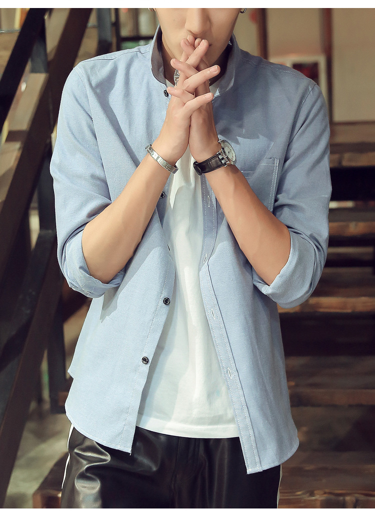 新款男装纯色真口袋牛津纺长袖衬衫青年韩版修身长袖衬衣
