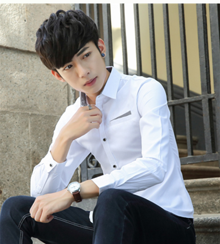 男式新款休闲长袖衬衫 青年韩版修身潮流长袖衬衣韩版潮