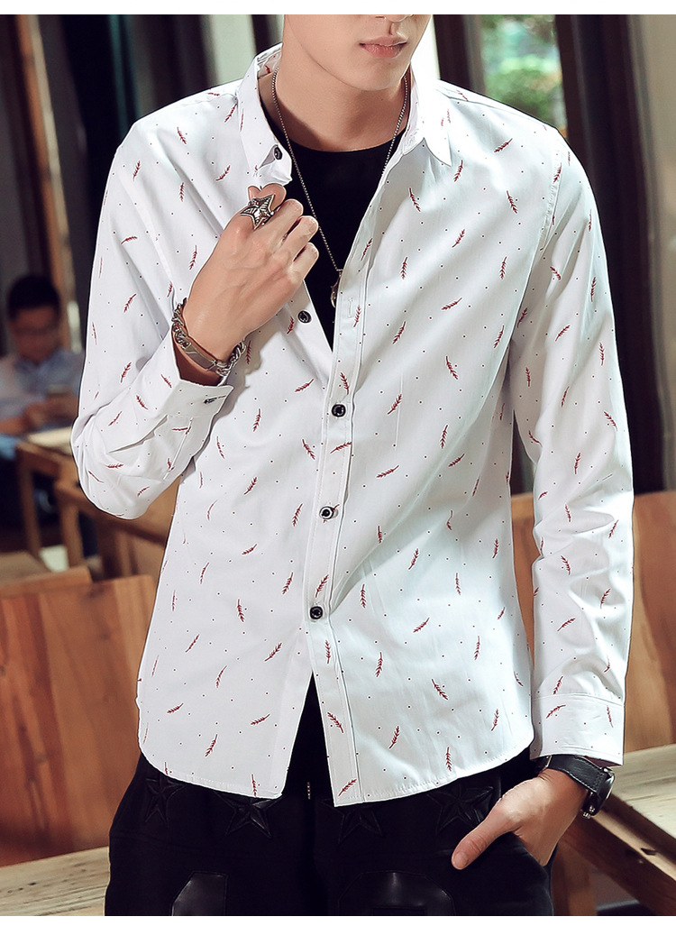 男装印花长袖衬衫 男式韩版修身羽毛印花时尚休闲长袖衬衫