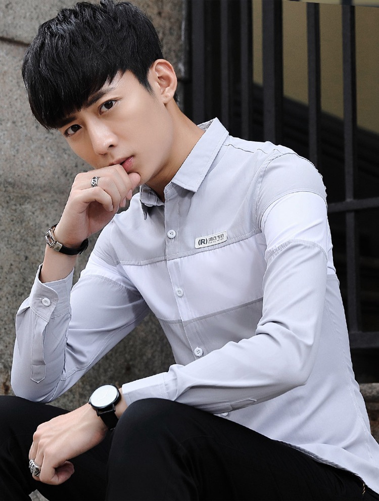 男装新款秋季长袖衬衫男式青年韩版修身时尚拼色休息衬衫