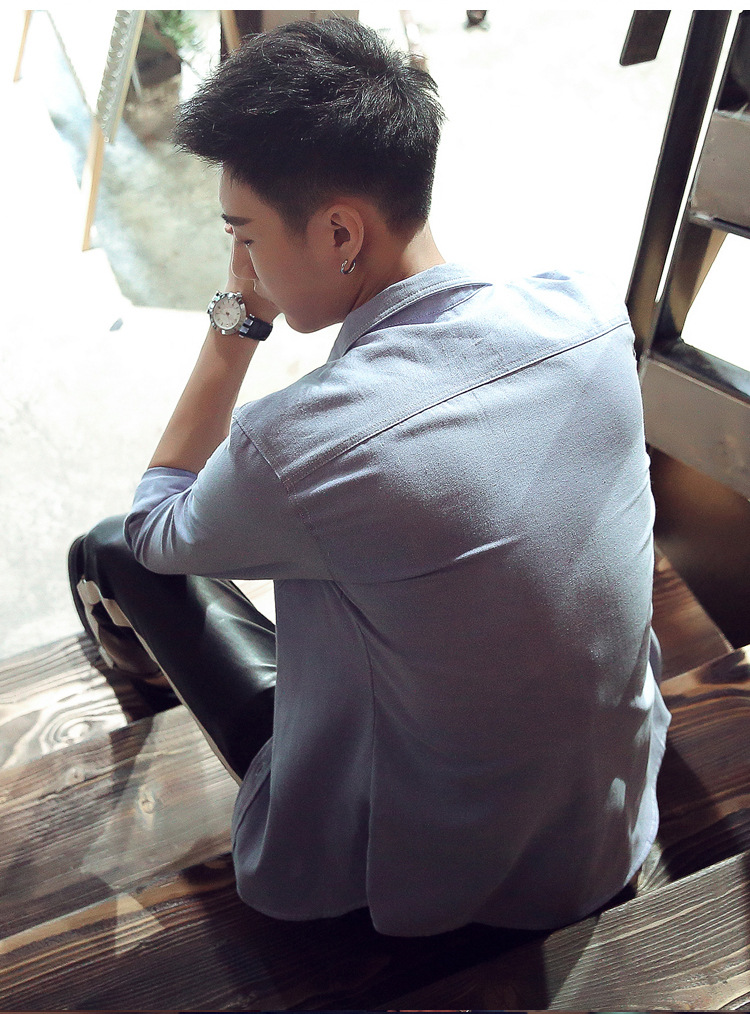 新款男装纯色真口袋牛津纺长袖衬衫青年韩版修身长袖衬衣