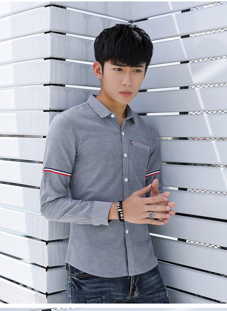 男式秋季新款长袖衬衣青年韩版弹力牛津纺弹力修身长袖衬衫