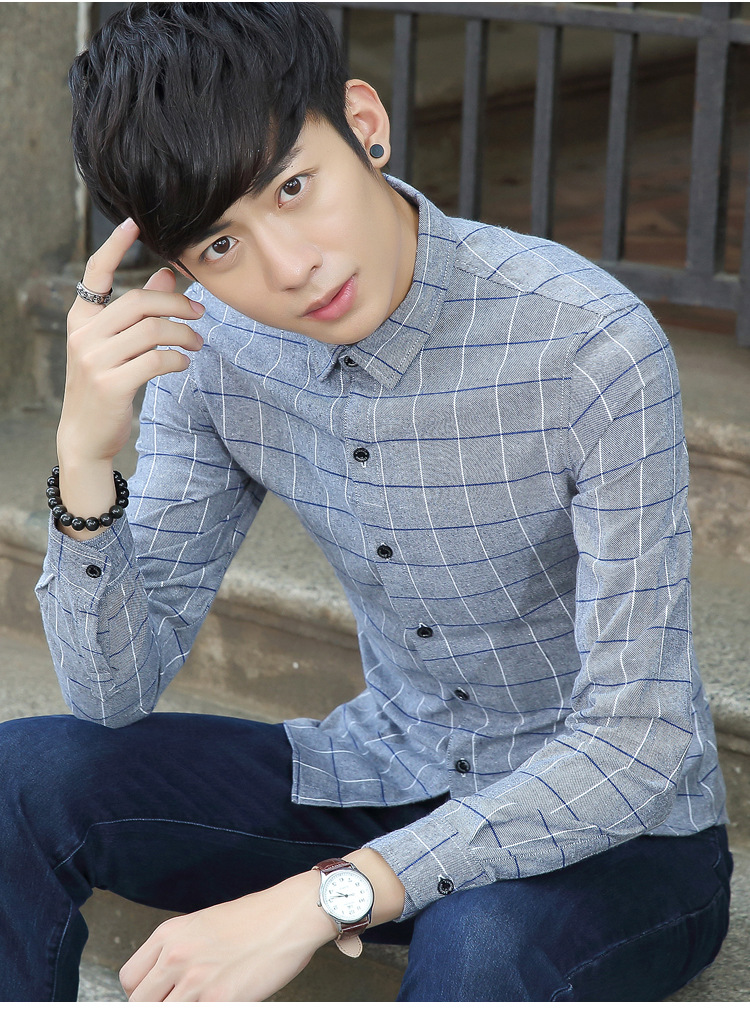 男式新款格子长袖衬衫 男青年韩版修身格子潮流秋季衬衣潮