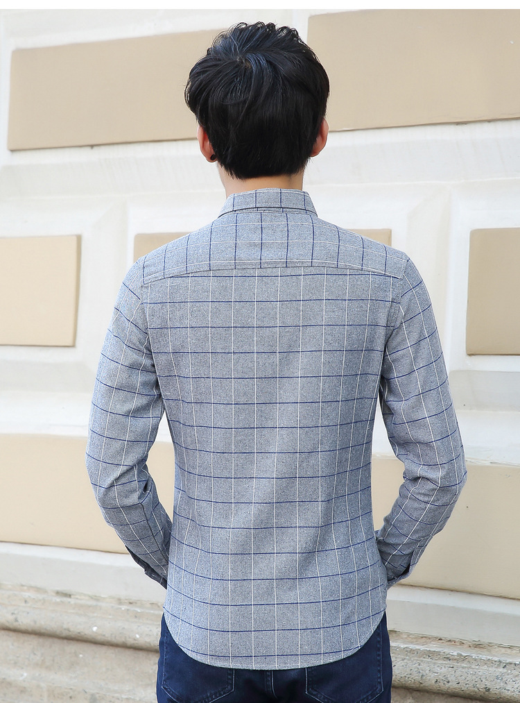 男式新款格子长袖衬衫 男青年韩版修身格子潮流秋季衬衣潮