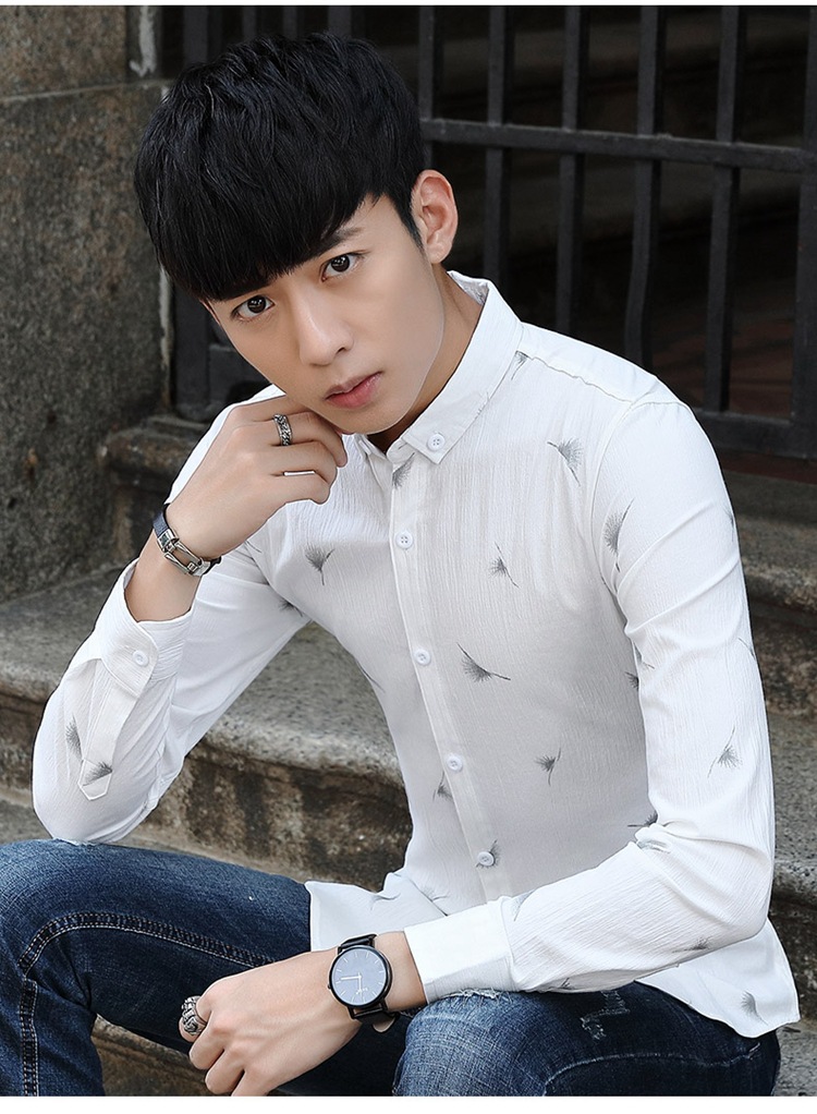 新款男式秋季长袖衬衣 男式韩版修身棉弹潮流印花长袖衬衫