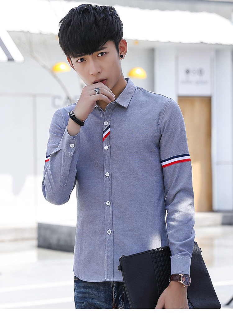 男装新款秋季牛津纺长袖衬衫 男式韩版提花弹力修身长袖衬衣