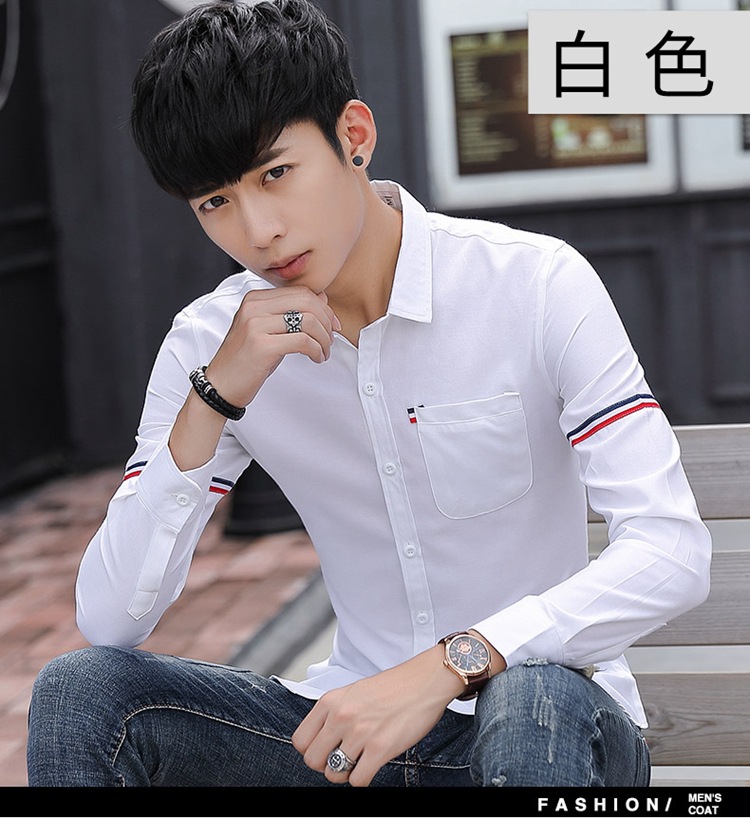 男式秋季新款长袖衬衣青年韩版弹力牛津纺弹力修身长袖衬衫