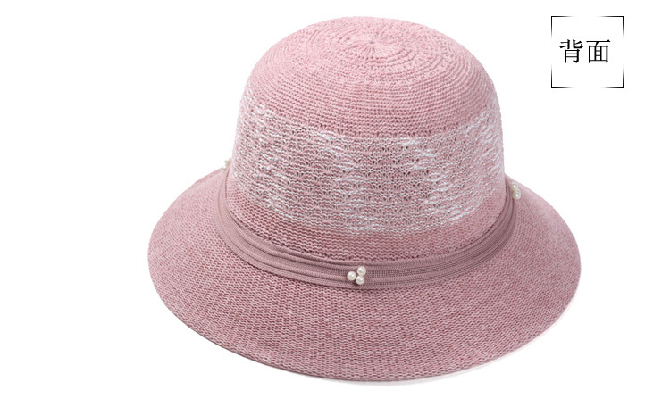 春夏季针织镂空凉帽 女士草帽遮阳防晒礼帽珍珠纱花盆帽子