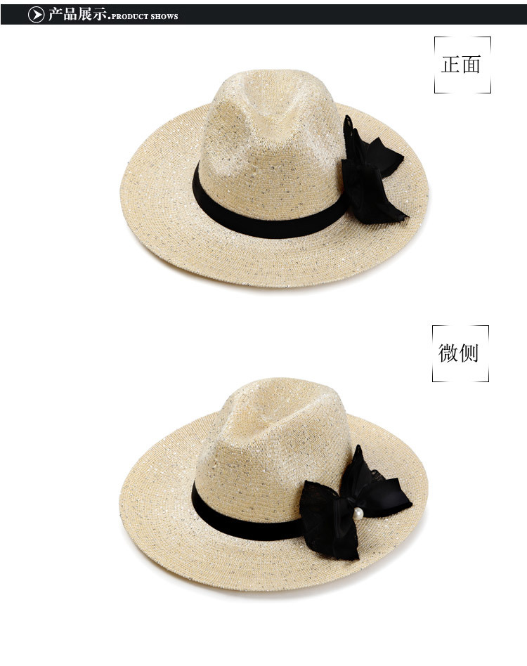 春夏季韩版高档镂空遮阳爵士帽 女士大珍珠亮片时装沙滩帽