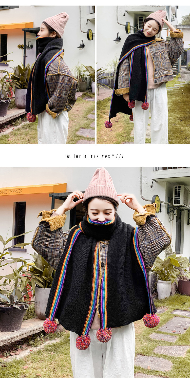 秋冬新品韩版加长毛线围巾彩虹条纯色围巾披肩学生保暖