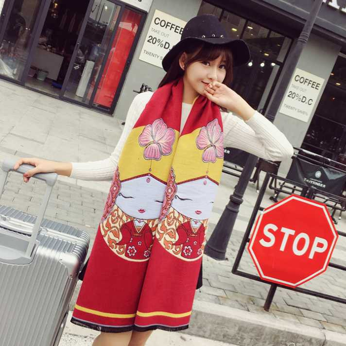 秋冬新款 韩版女士吉祥娃娃图案围巾 两用加厚保暖披肩