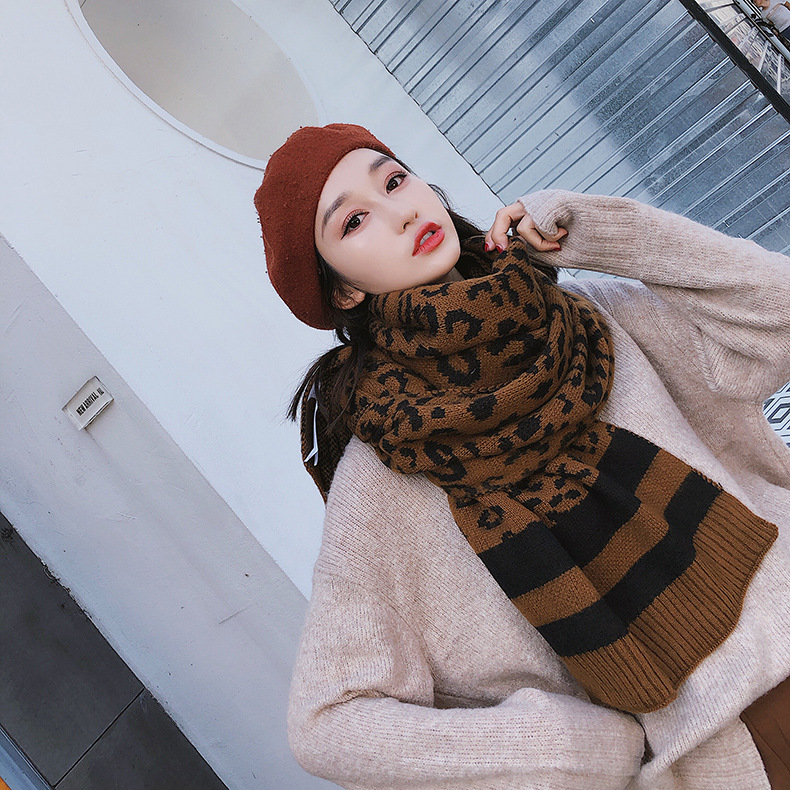 毛线针织东大门豹纹围巾女冬季保暖韩版时尚加长两用围脖披肩