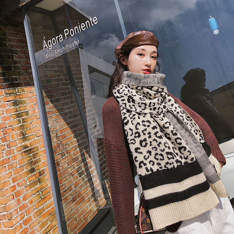 毛线针织东大门豹纹围巾女冬季保暖韩版时尚加长两用围脖披肩